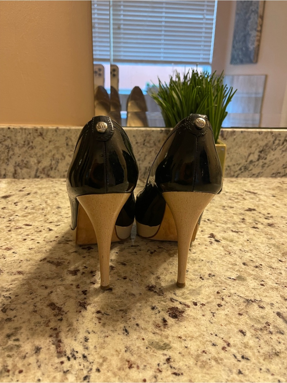 Stuart Weitzman Black Patent Peep-Toe Pumps with Tan Platform - Picture 6 of 8